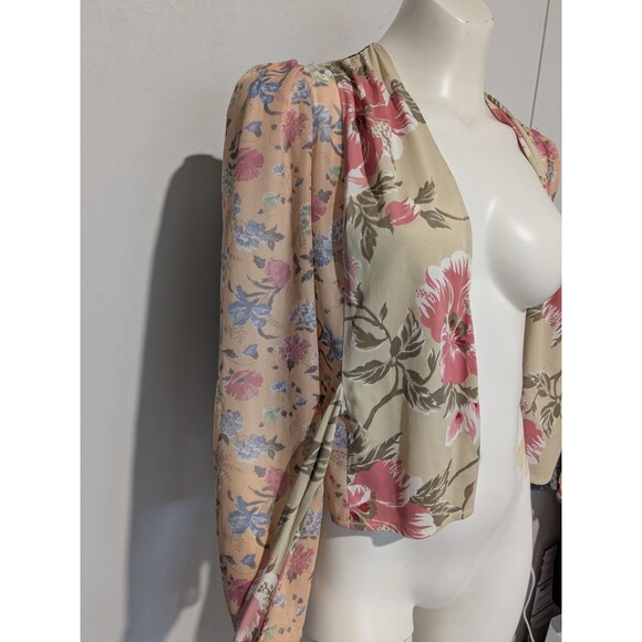 Vintage Combing Bed Jacket Patchwork Nylon Tricot Puff Sleeve Kimono Wrap XS/S - Picture 2 of 7